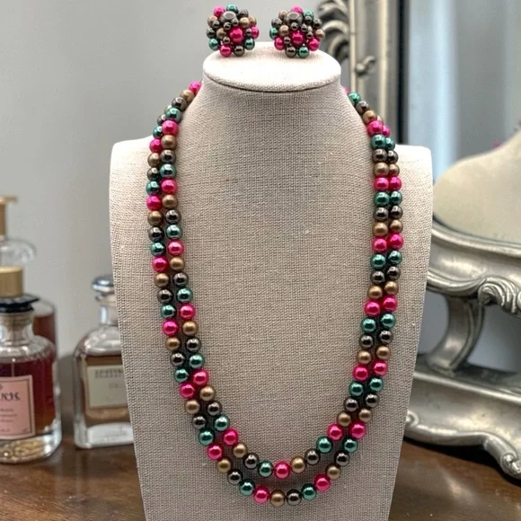 Vintage Double Strand Multi Color Metallic Pearl
Necklace & Clip On Earring Set - Picture 1 of 9